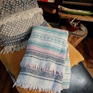 Vintage mexican style Boho Striped Fringe Throw Blanket - WOVEN Blend -Pink Aqua
